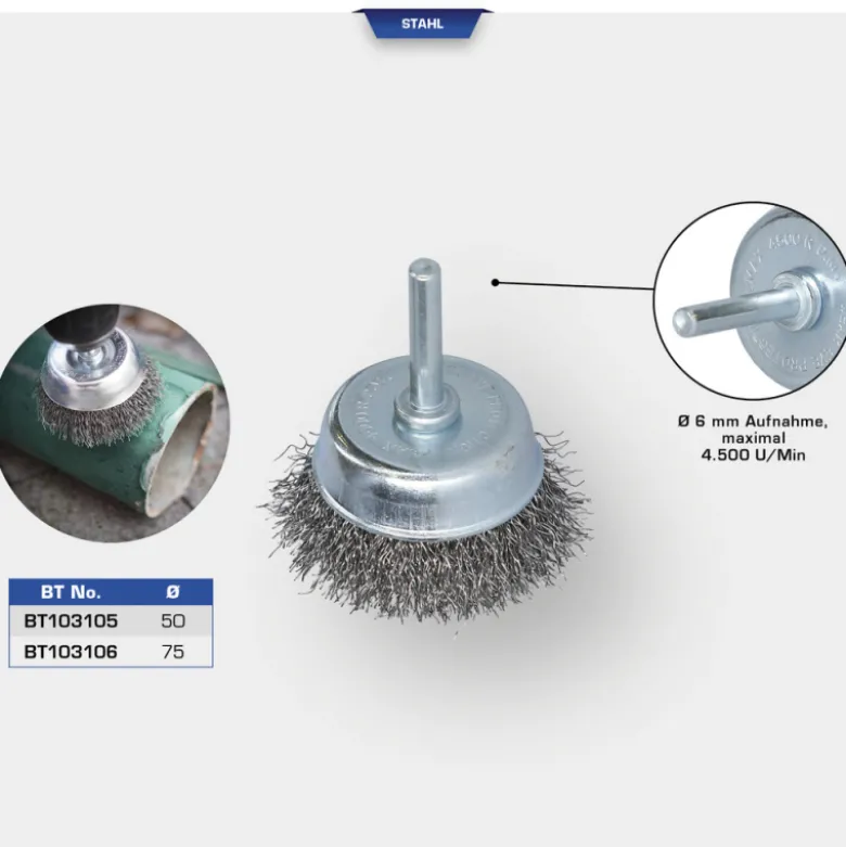 Brosse boisseau 50mm queue de serrage 6mm BRILLIANT TOOLS - BT103105