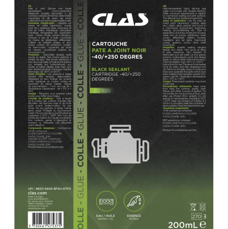Cartouche pate a joint noire -40/+250 degres 200ml CLAS CO 1020