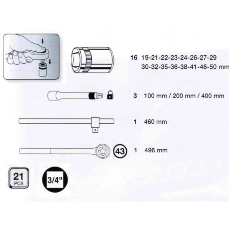 Coffret de douilles cliquet télescopique 3/4" 21 pièces KRAFTWERK 2057