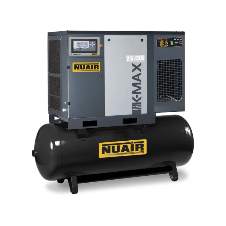 Compresseur d'air à vis 20 CV, Réservoir 500 L horizontal, pression 13 bar, débit 102 m3/h, 400 V tri + sécheur NUAIR