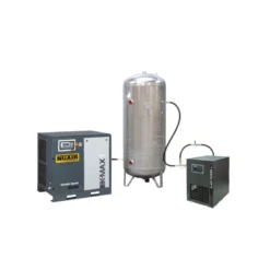 Compresseur d'air à vis 20 CV, Réservoir 500 L vertical galvanisé, pression 10 bar, débit 126 m3/h, 400 V tri + sécheur NUAIR