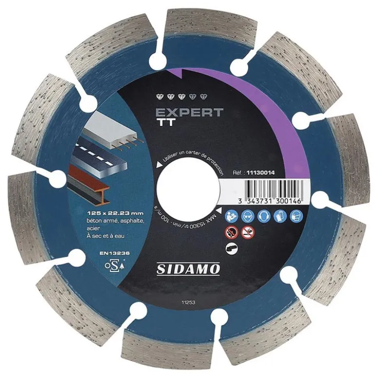Disque Diamant à segment EXPERT TT 125 mm / Alésage 22.23 mm Tronçonnage béton/Asphalte/Acier SIDAMO 11130014