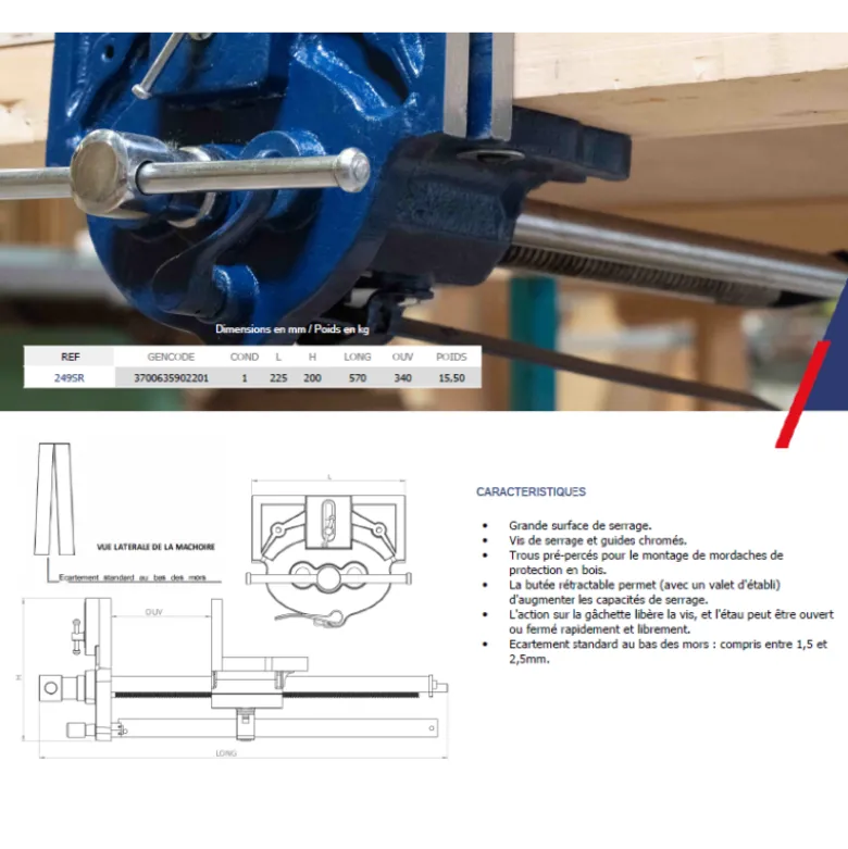 Etau Dolex Ouverture 340 mm presse serrage rapide pour menuisier 249SR