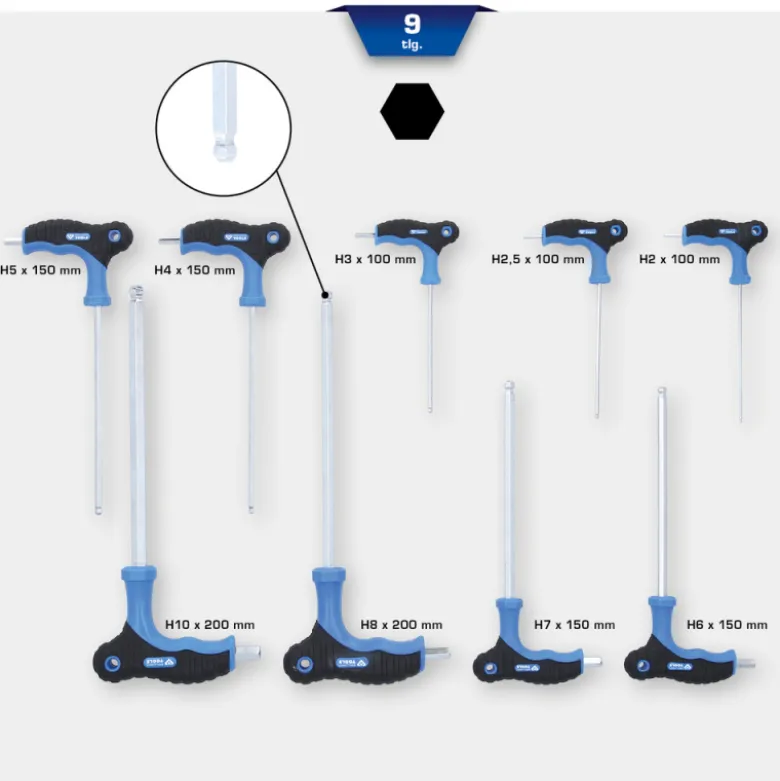 Jeu de clés mâles 6 pans tête sphérique à poignée en T 9pcs BRILLIANT TOOLS - BT041100