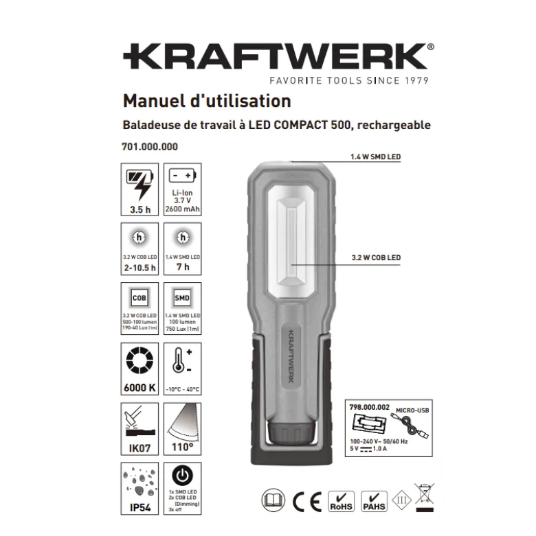 Lampe à LED 2 batteries COMPACT 500, KRAFTWERK 701.000.000