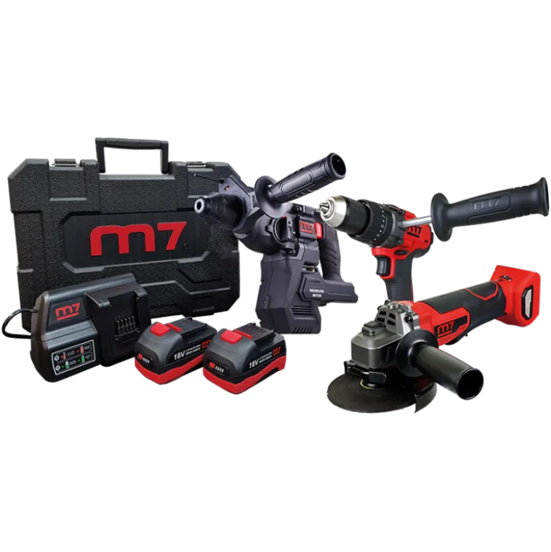 Pack Électroportatif Perforateur, Perceuse Visseuse à Percussion et Meuleuse d'angle M7 - M7PACKV9