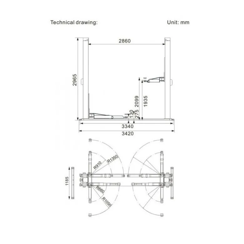 Pont 2 Colonnes Asymétrique Socle 400V 4T 4 Bras 1.10+1.50m Clas - PE 2100T