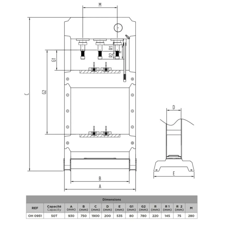 Presse hydro-pneumatique 50t verin coulissant double commande CLAS OH 0951